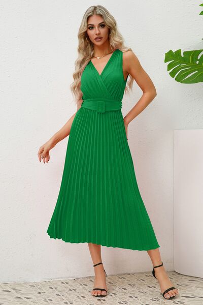 Surplice Sleeveless Midi Pleated Dress - Charming Charlie