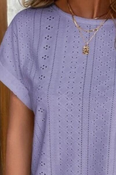 Eyelet Round Neck Short Sleeve T-Shirt - Charming Charlie
