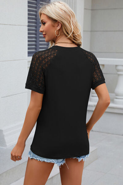 Openwork Round Neck Short Sleeve T-Shirt - Charming Charlie