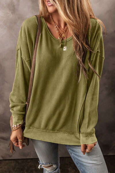 Round Neck Dropped Shoulder Sweatshirt - Charming Charlie