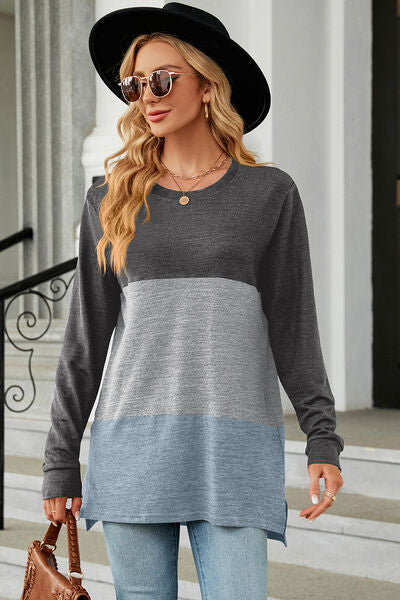 Color Block Round Neck Long Sleeve T-Shirt - Charming Charlie