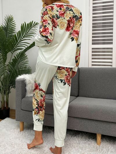 Printed Round Neck Top and Drawstring Pants Lounge Set - Charming Charlie