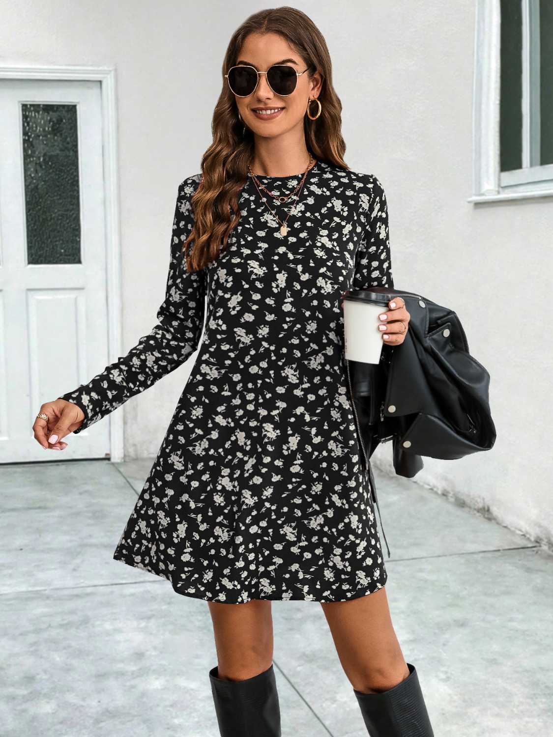 Round Neck Long Sleeve Mini Dress - Charming Charlie