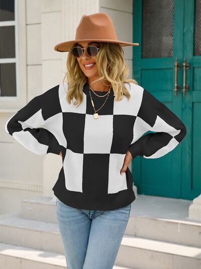 Checkered Round Neck Dropped Shoulder Sweater - Charming Charlie