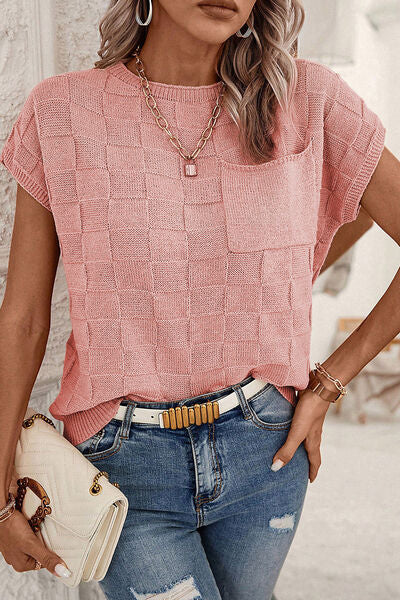 Plaid Pocketed Round Neck Sweater - Charming Charlie