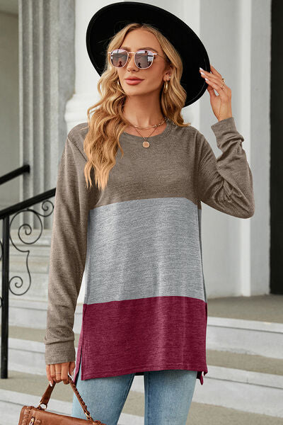 Color Block Round Neck Long Sleeve T-Shirt - Charming Charlie