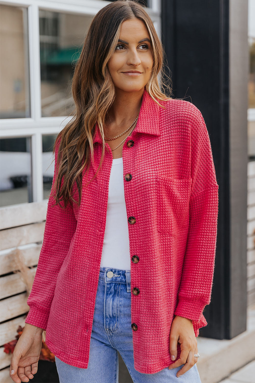 Waffle-Knit Collared Neck Dropped Shoulder Shirt - Charming Charlie
