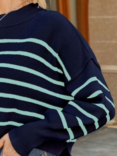 Round Neck Striped Lantern Sleeve Sweater - Charming Charlie