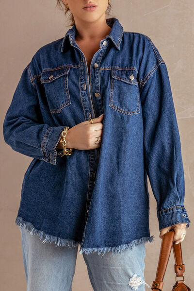 Button Up Pocketed Raw Hem Denim Jacket - Charming Charlie