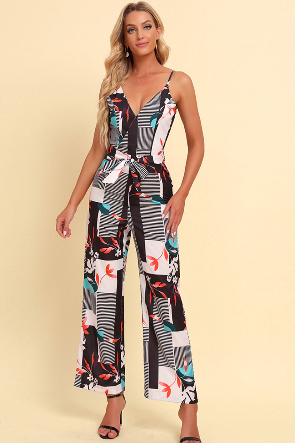 Printed Spaghetti Strap Tied Jumpsuit - Charming Charlie