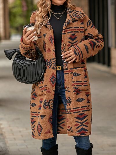 Geometric Pocketed Dropped Shoulder Coat - Charming Charlie