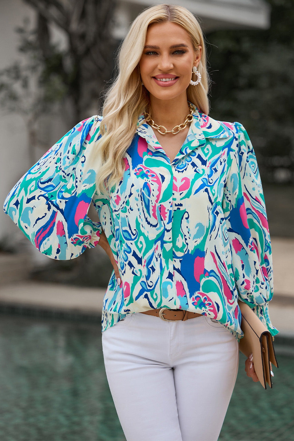 Printed Puff Sleeve Collared Blouse - Charming Charlie