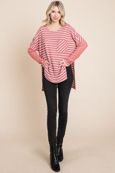 Culture Code Oversize Striped Round Neck Long Sleeve Slit T-Shirt - Charming Charlie