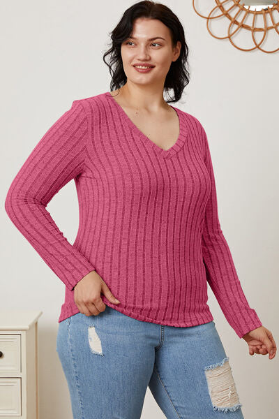 Basic Bae Full Size Ribbed V-Neck Long Sleeve T-Shirt - Charming Charlie