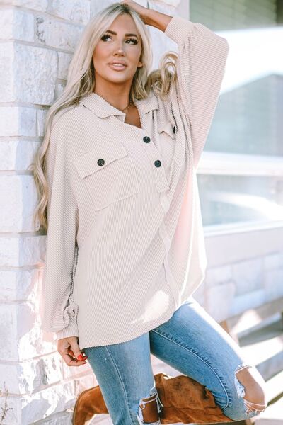 Collared Neck Half Button Long Sleeve Blouse - Charming Charlie