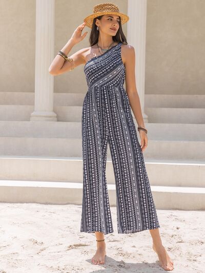 Printed Single Shoulder Sleeveless Jumpsuit - Charming Charlie