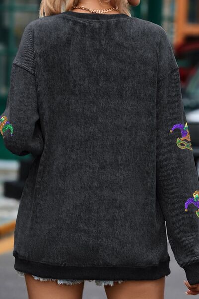Printed Sequin Round Neck Dropped Shoulder Sweatshirt - Charming Charlie