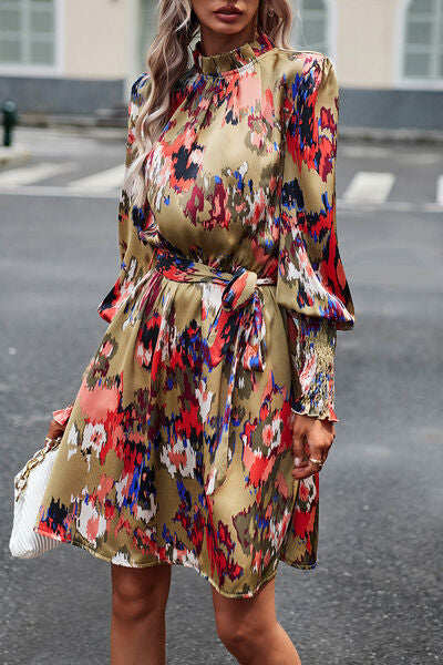 Printed Tie Waist Mock Neck Lantern Sleeve Dress - Charming Charlie