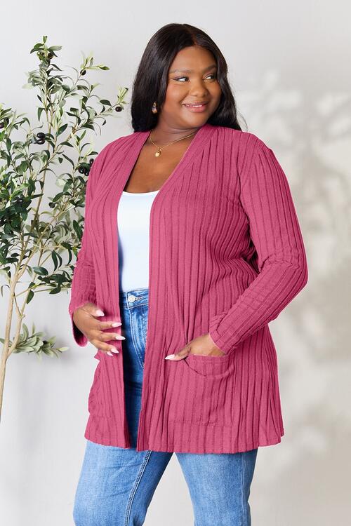 Basic Bae Full Size Ribbed Open Front Cardigan with Pockets - Charming Charlie