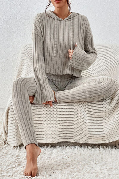 Lettuce Hem Dropped Shoulder Hooded Top and Pants Set - Charming Charlie