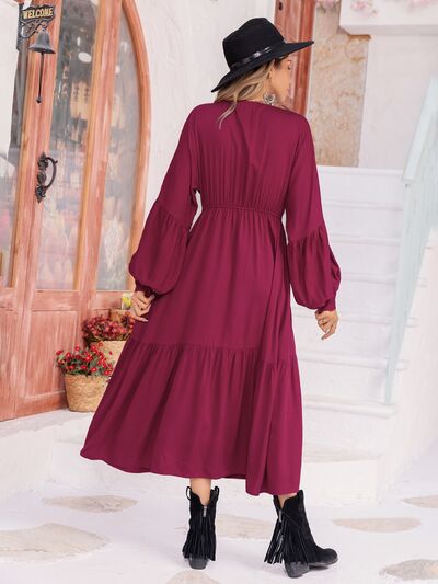 V-Neck Lantern Sleeve Ruffle Hem Dress - Charming Charlie