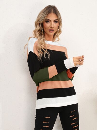 Striped Round Neck Dropped Shoulder Sweater - Charming Charlie