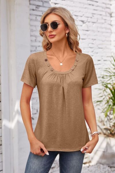 Decorative Button Scoop Neck T-Shirt - Charming Charlie