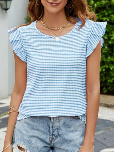 Plaid Ruffled Round Neck Cap Sleeve T-Shirt - Charming Charlie