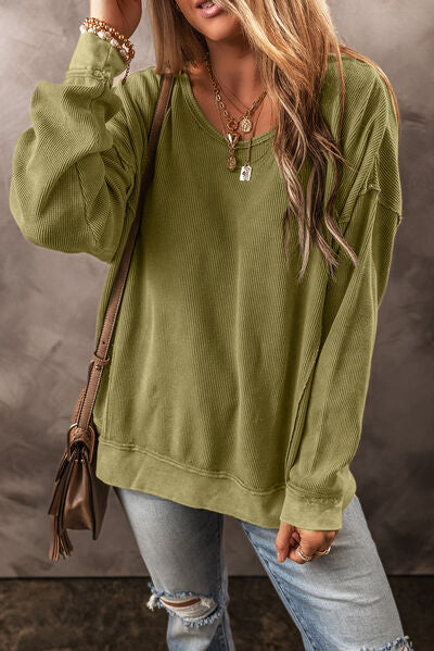 Round Neck Dropped Shoulder Sweatshirt - Charming Charlie