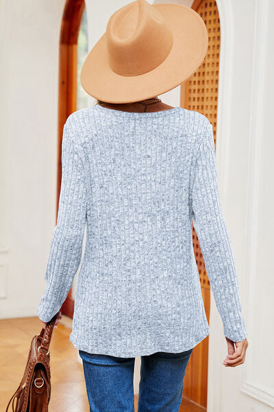 Eyelet Ribbed Round Neck Long Sleeve T-Shirt - Charming Charlie