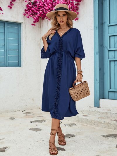 Frill Slit V-Neck Three-Quarter Sleeve Dress - Charming Charlie