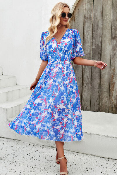 Smocked Printed V-Neck Short Sleeve Dress - Charming Charlie