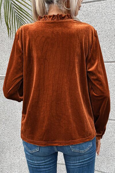 Notched Frill Detail Long Sleeve Blouse - Charming Charlie