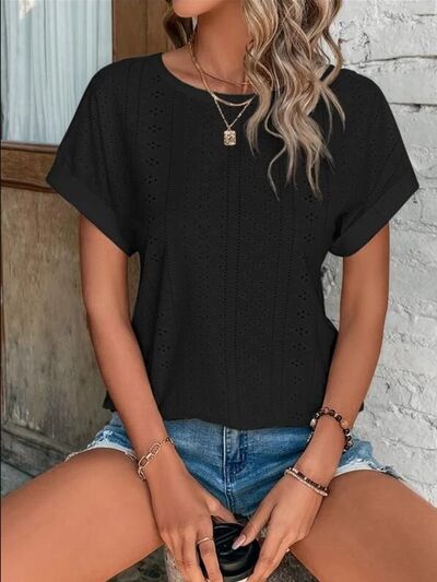 Eyelet Round Neck Short Sleeve T-Shirt - Charming Charlie