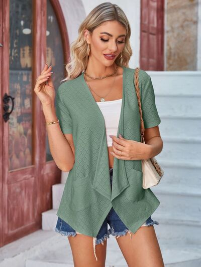 Eyelet Open Front Short Sleeve Cover Up - Charming Charlie