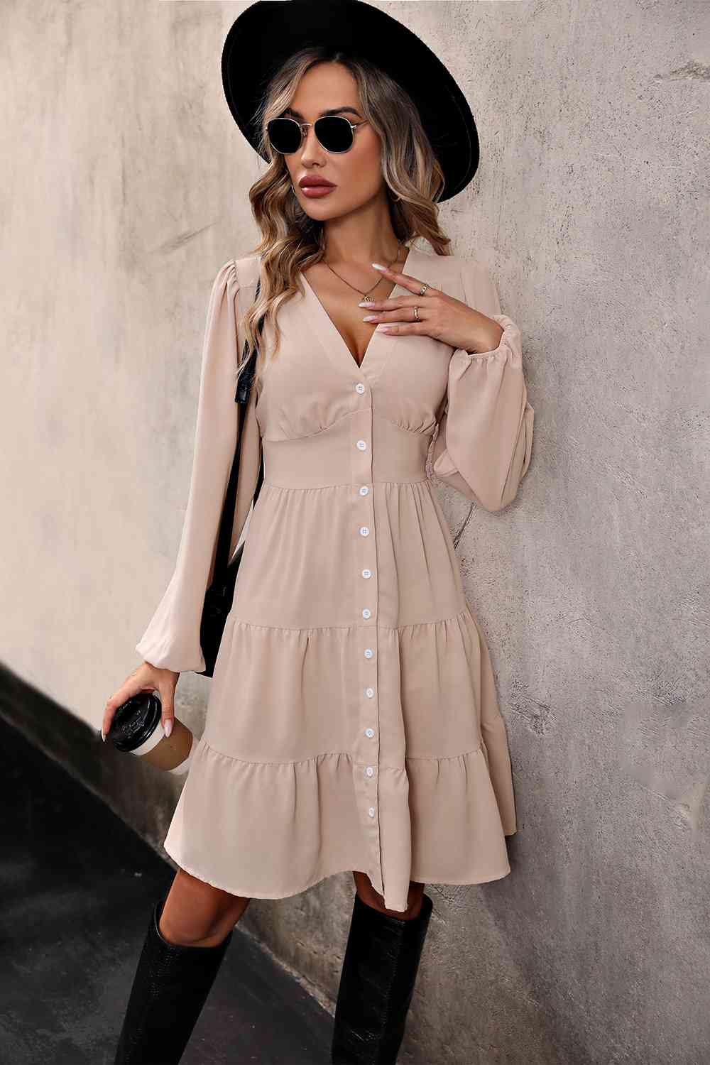 V Neck Button Up Tiered Dress - Charming Charlie