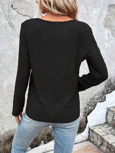Openwork Half Button Long Sleeve Blouse - Charming Charlie