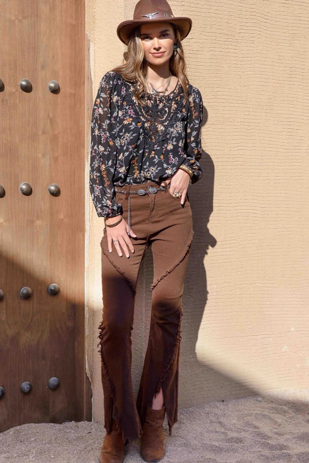 Printed Round Neck Long Sleeve Blouse - Charming Charlie