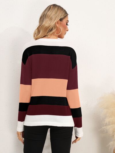 Striped Round Neck Dropped Shoulder Sweater - Charming Charlie