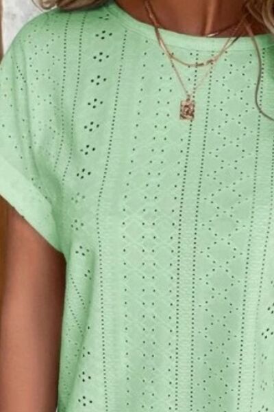 Eyelet Round Neck Short Sleeve T-Shirt - Charming Charlie