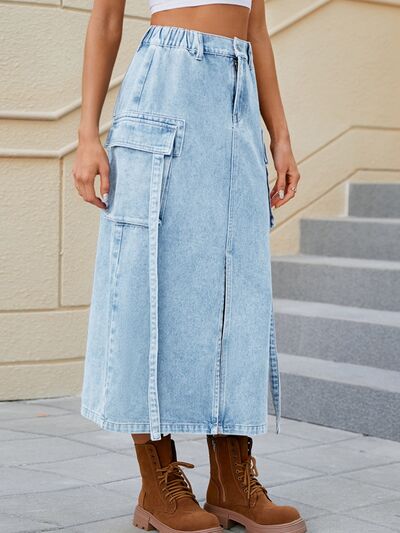 Slit Pocketed High Waist Denim Skirt - Charming Charlie