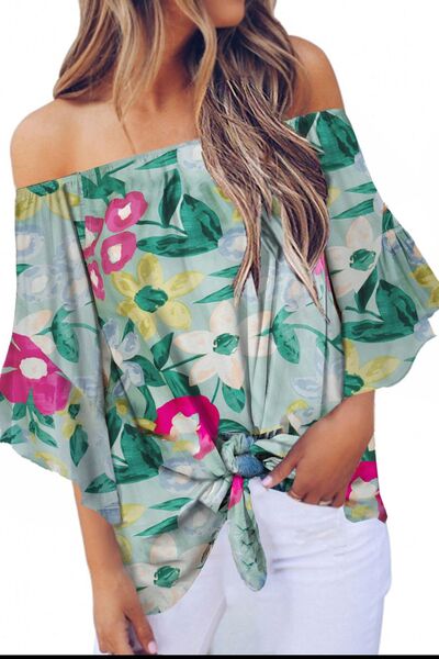 Tied Printed Off-Shoulder Half Sleeve Blouse - Charming Charlie
