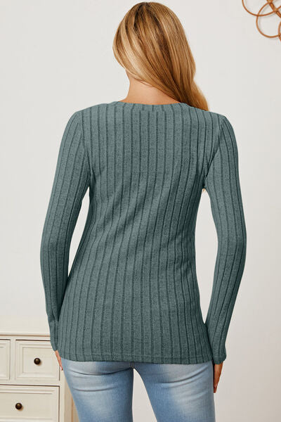 Basic Bae Full Size Ribbed V-Neck Long Sleeve T-Shirt - Charming Charlie