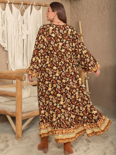 Plus Size Printed V-Neck Balloon Sleeve Dress - Charming Charlie