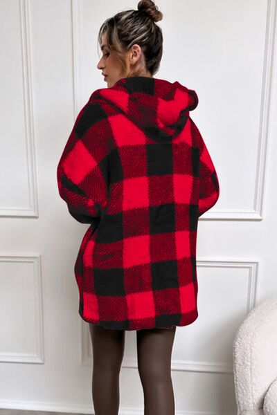 Double Take Full Size Plaid Long Sleeve Hooded Coat - Charming Charlie