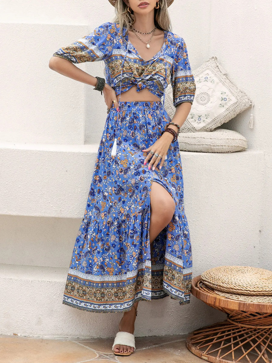 Floral Off Shoulder Sleeve Back Tie Top Skirt Set