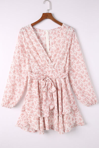 Floral Surplice Balloon Sleeve Layered Dress - Charming Charlie