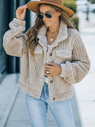 Fuzzy Button Up Collared Neck Jacket - Charming Charlie
