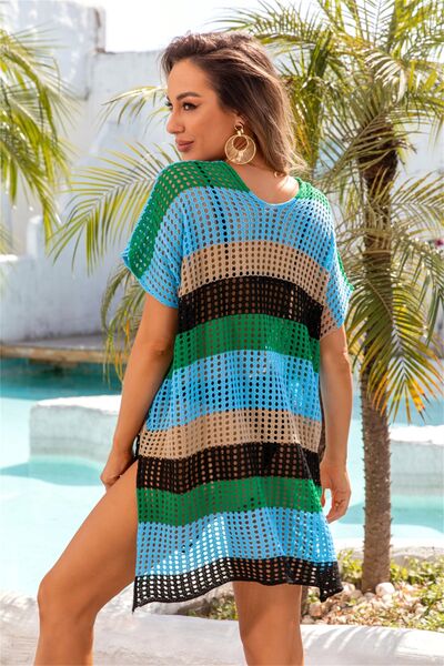 Openwork Striped V-Neck Short Sleeve Cover Up - Charming Charlie