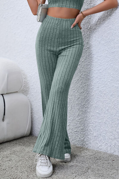 Basic Bae Full Size Ribbed High Waist Flare Pants - Charming Charlie